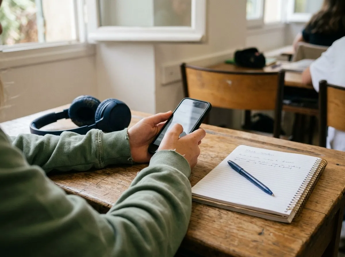 Les mains d’un adolescent sur un téléphone, à côté d’un casque et d’un cahier ouvert