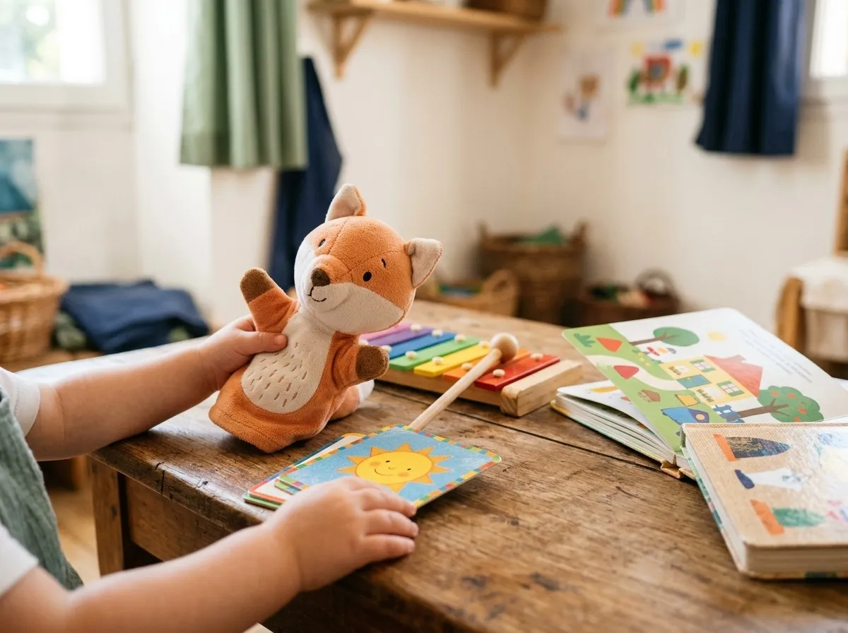 Les petites mains d’un enfant tiennent un renard en peluche et une carte-image du soleil