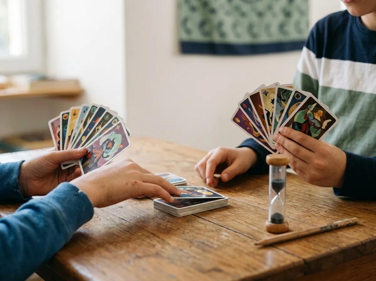 Des mains d’enfants tiennent les cartes d’un jeu illustré, un sablier à côté