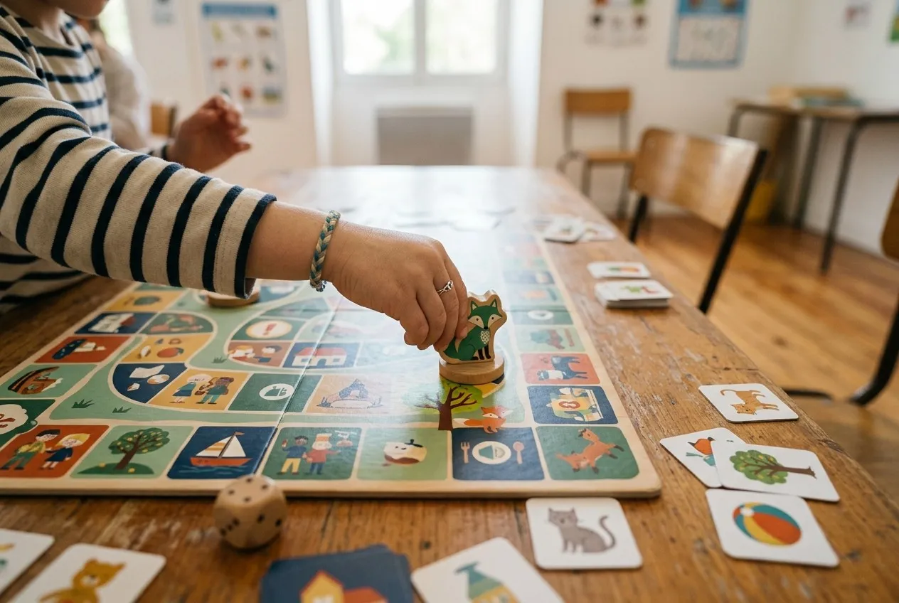 La main d’un enfant avance un pion sur un jeu de plateau illustré