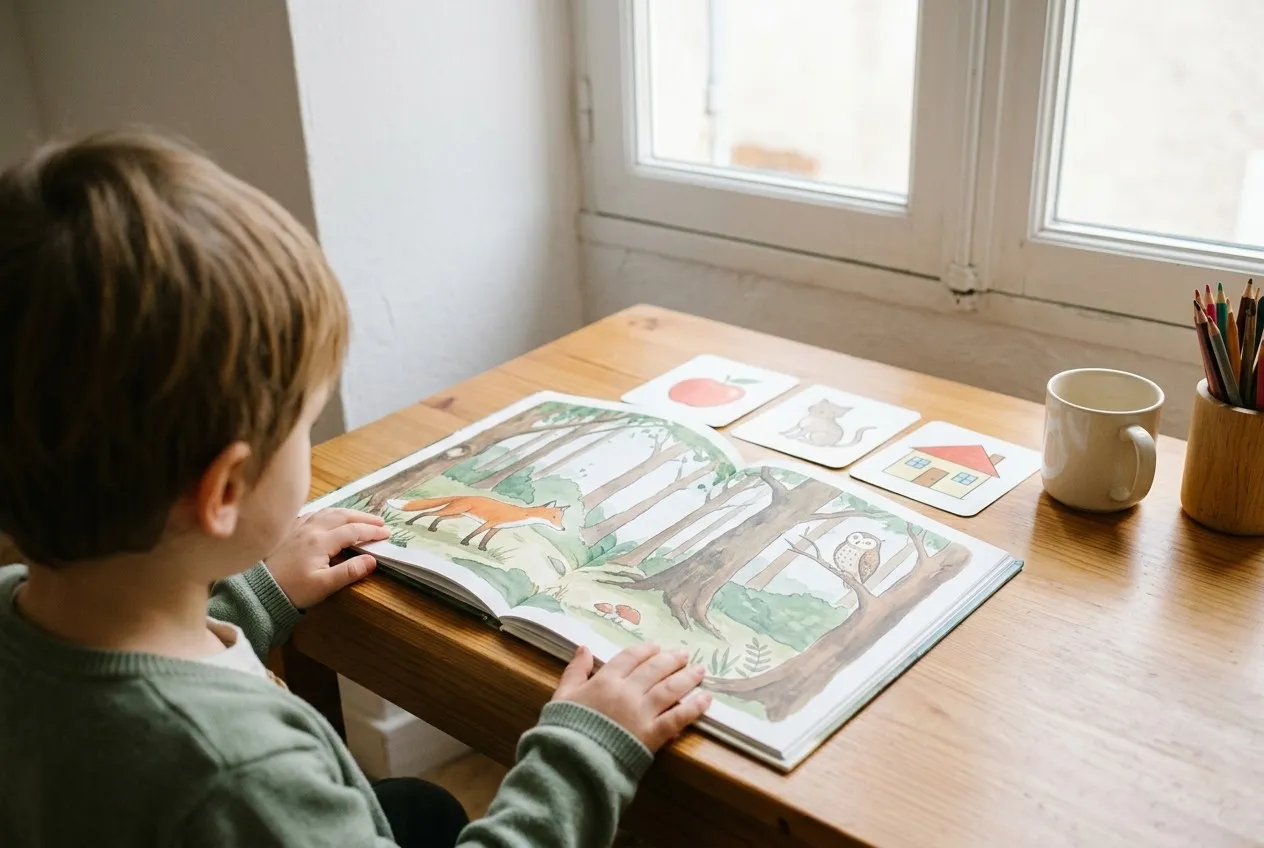 Les mains d’un enfant tournent les pages d’un grand livre illustré en anglais, des cartes-images posées à côté