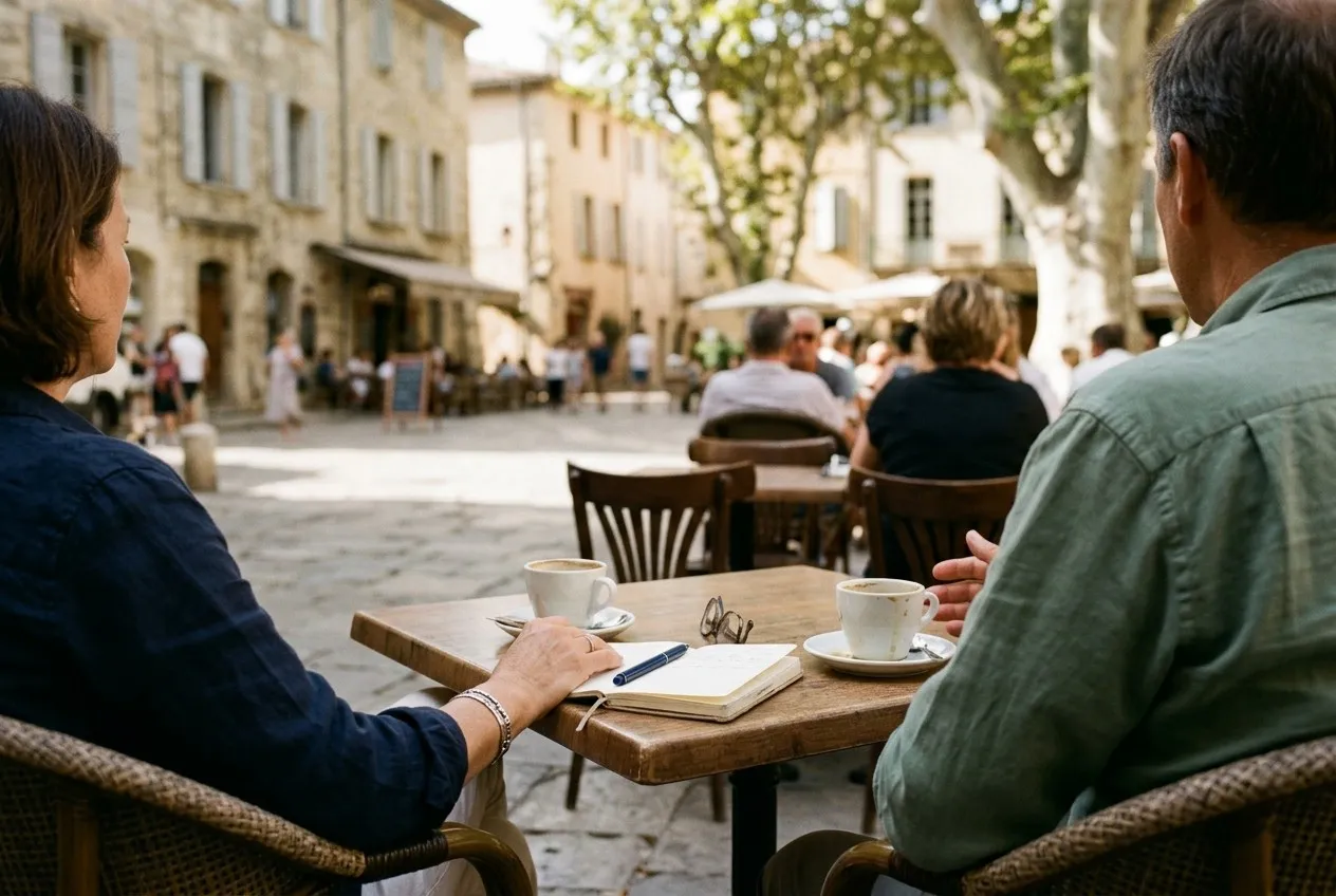 Une table de café en terrasse sur une place du Sud, deux tasses et un carnet