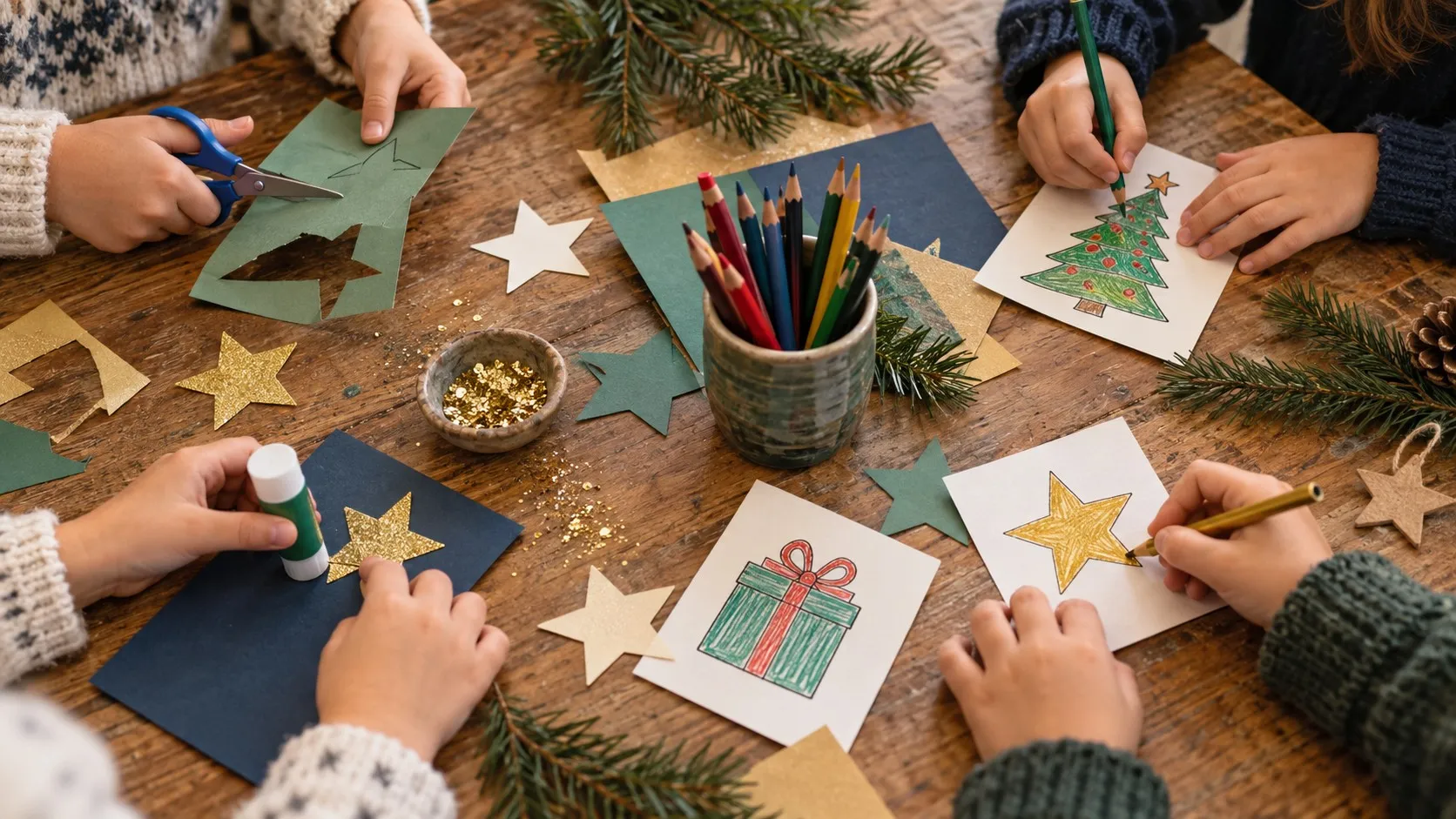 Des mains d’enfants découpent et colorient des étoiles et des cartes de Noël
