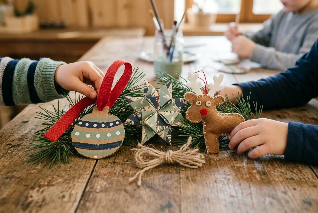 Des décorations de Noël faites main : une étoile en papier, un renne en feutre, une boule peinte