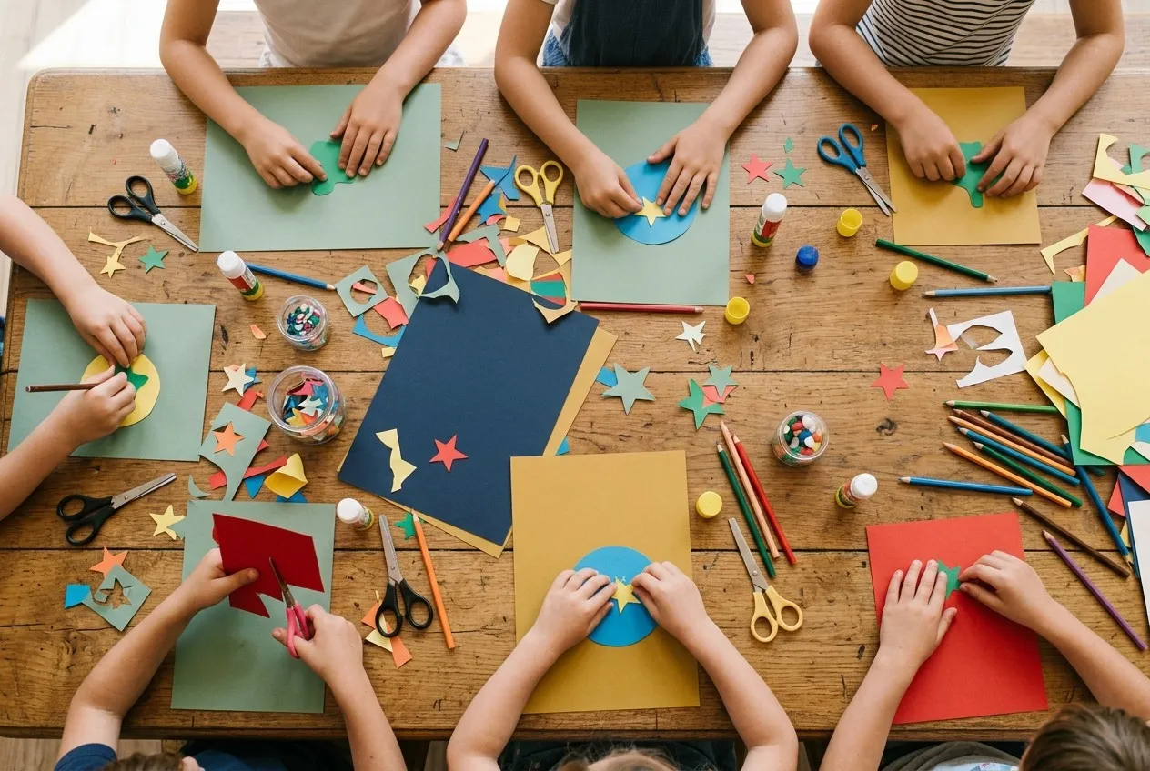 Vue d’en haut d’une grande table d’atelier : papier de couleur, ciseaux et étoiles en papier