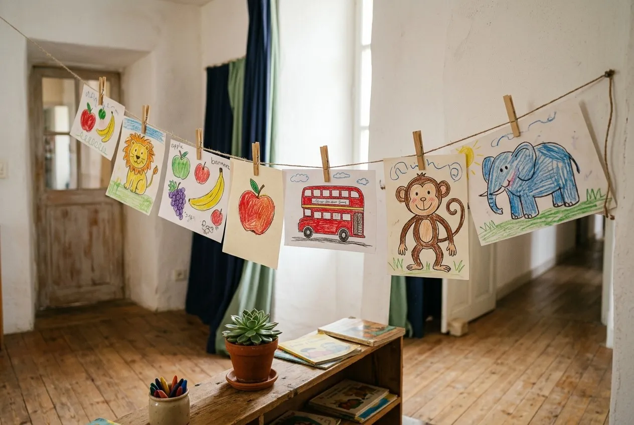 Des dessins d’enfants accrochés à une ficelle avec des pinces à linge