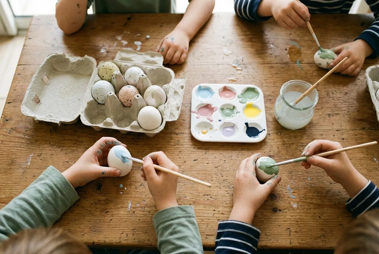 De petites mains peignent des œufs aux couleurs pastel