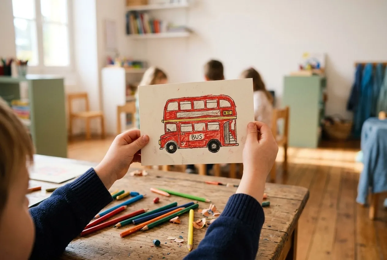 Un enfant tient une carte dessinée d’un bus rouge à impériale