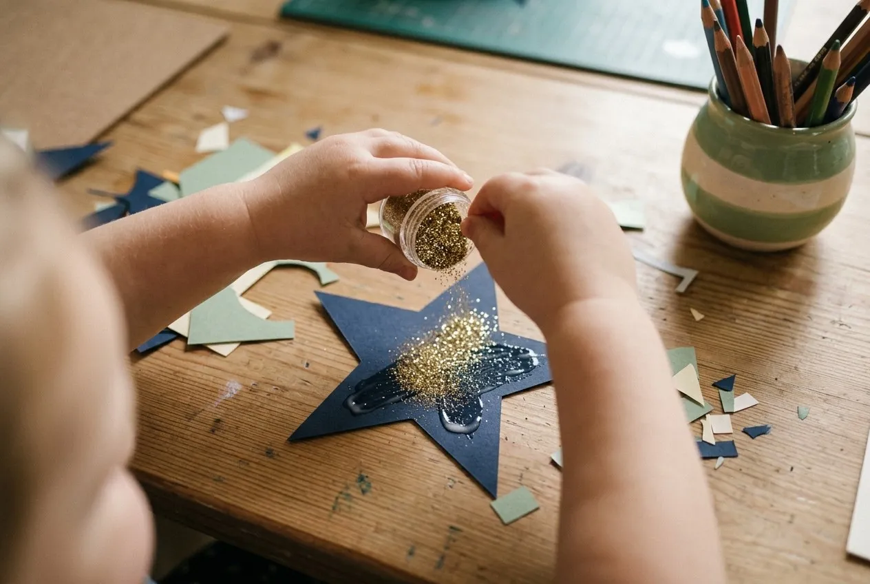 De petites mains saupoudrent des paillettes dorées sur une étoile en papier bleu marine