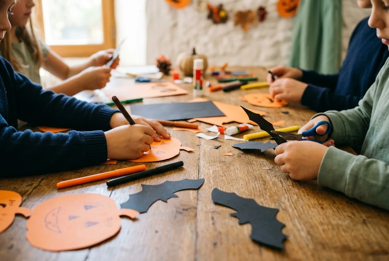 Des mains d’enfants découpent des citrouilles et des chauves-souris en papier