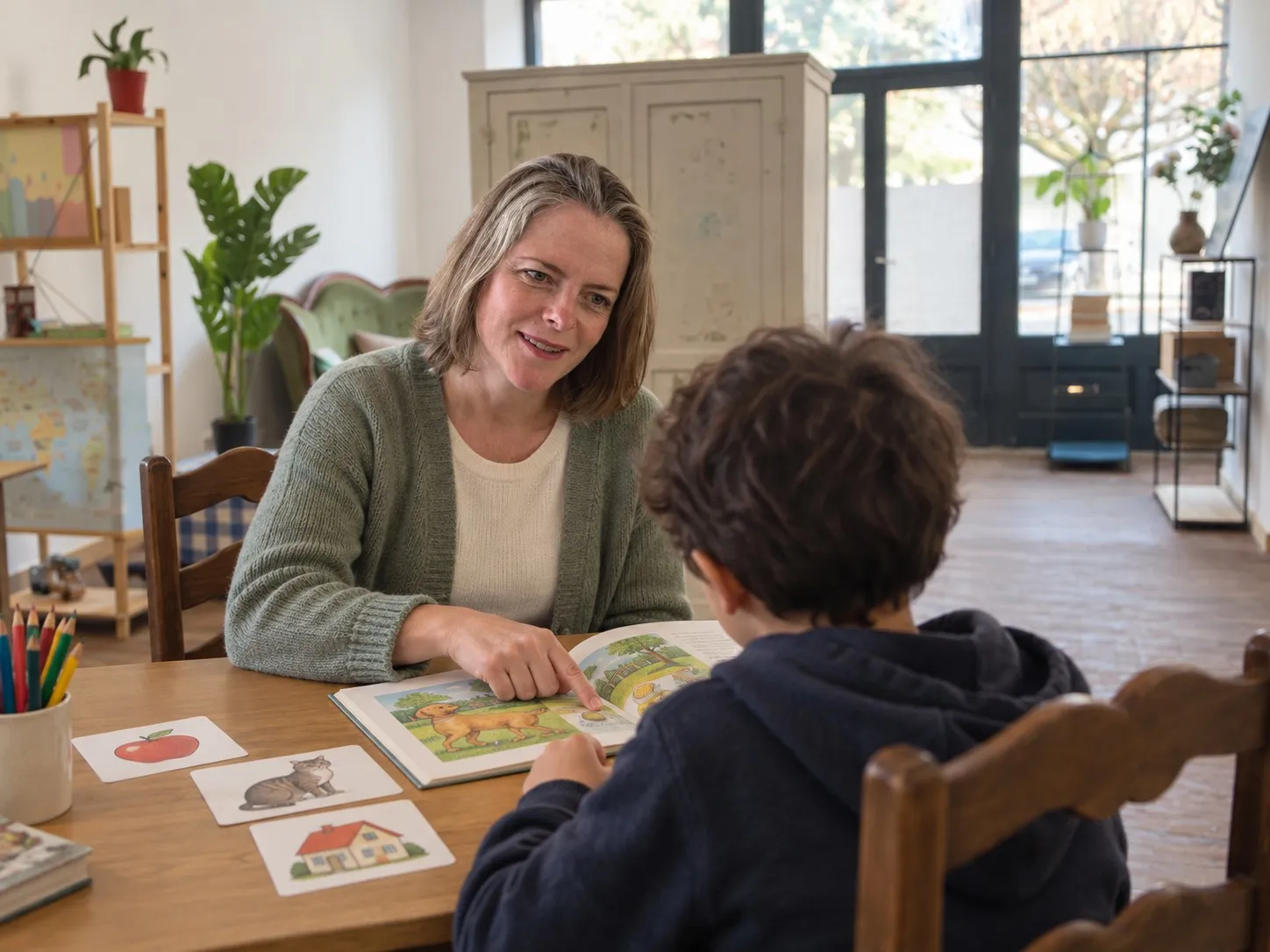 Helen lit un livre illustré en anglais avec un enfant, des cartes-images posées sur la table