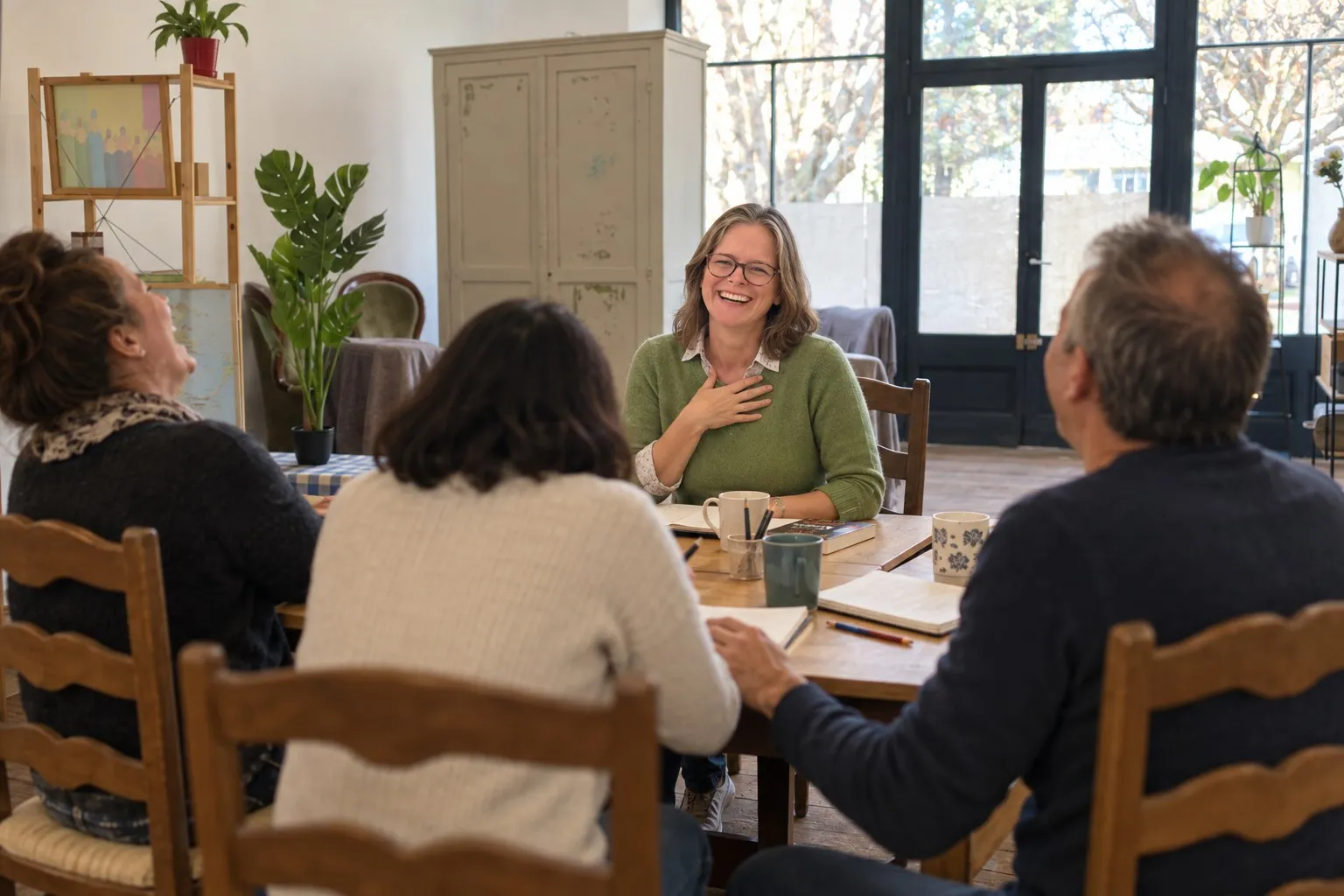 Helen qui rit avec un petit groupe d’adultes autour d’une table, dans la salle