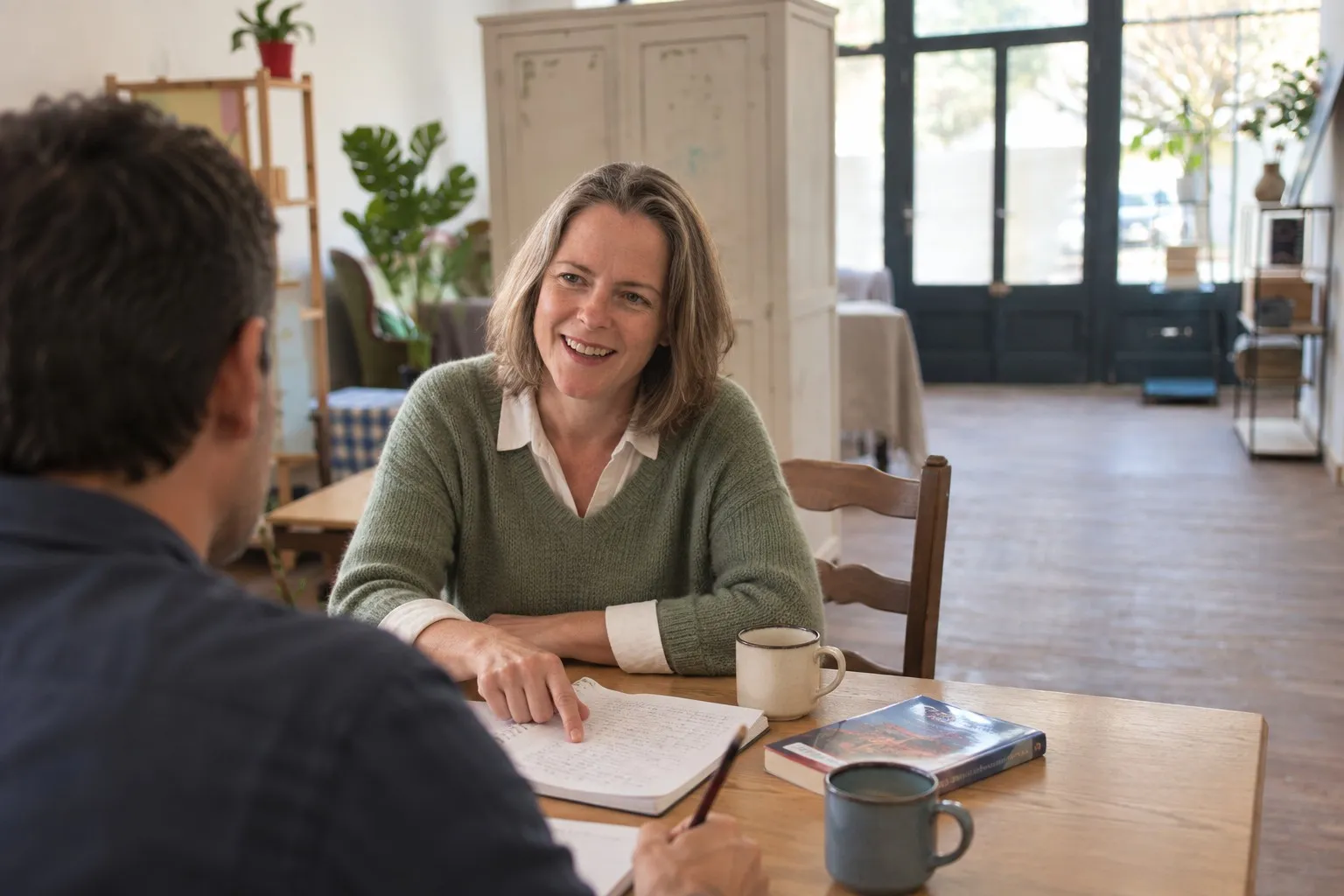 Helen en cours avec un élève adulte, à une table de la salle, le doigt sur une phrase de son cahier