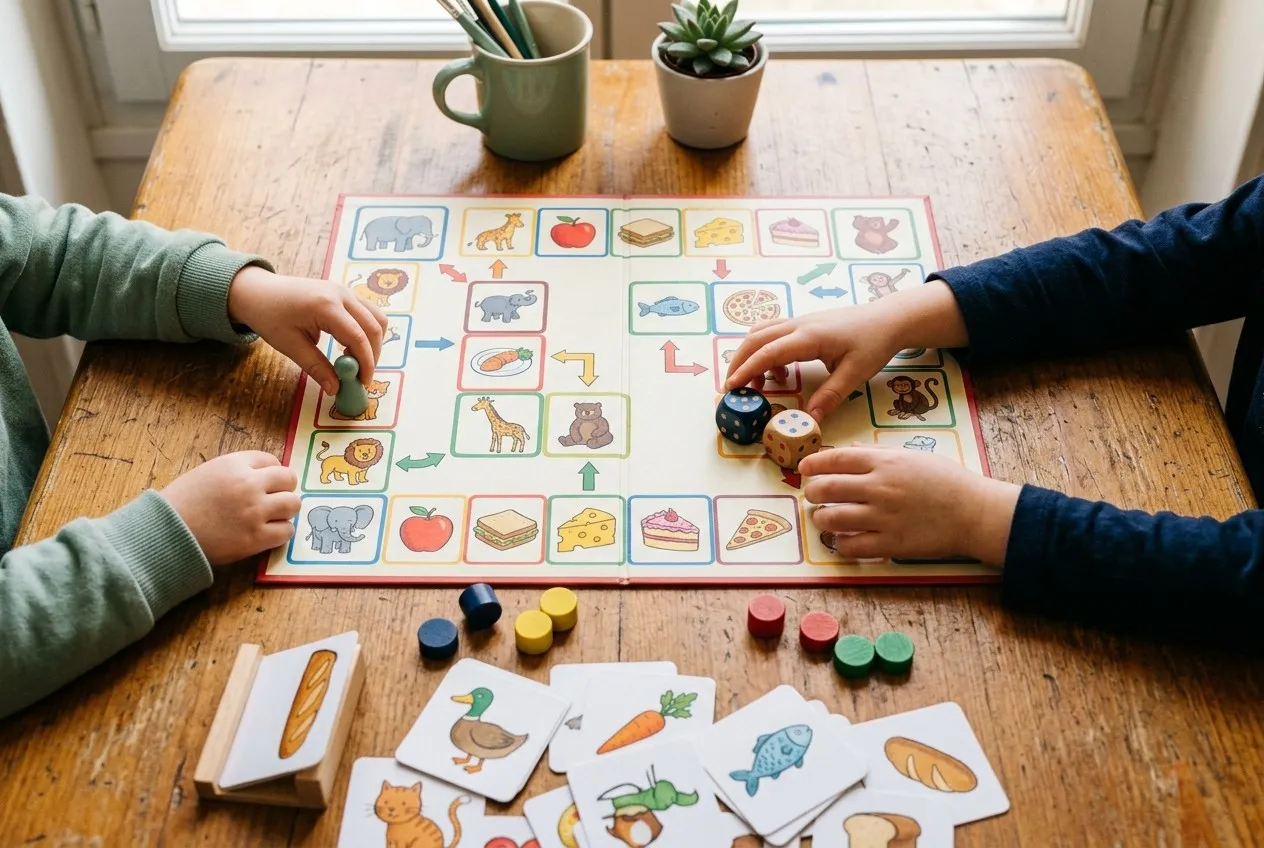 De petites mains jouent à un jeu de plateau de vocabulaire anglais, avec dés et pions