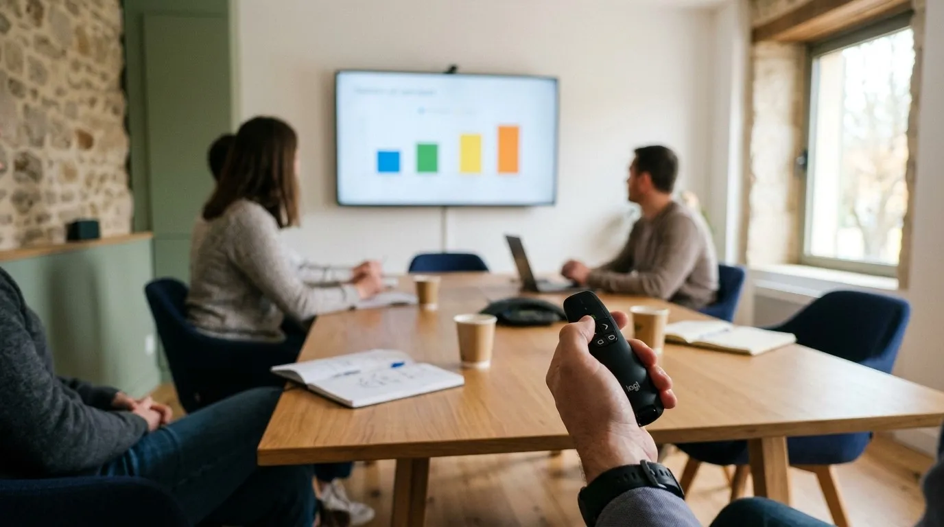 Une salle de réunion, une présentation à l’écran et une main qui tient une télécommande