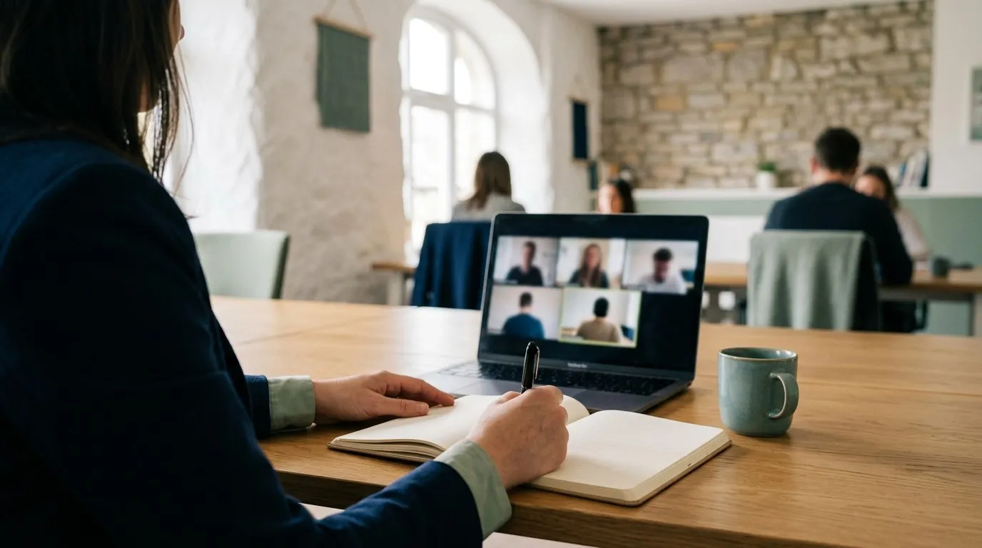 Un manager en visioconférence avec ses collègues, vu par-dessus l’épaule