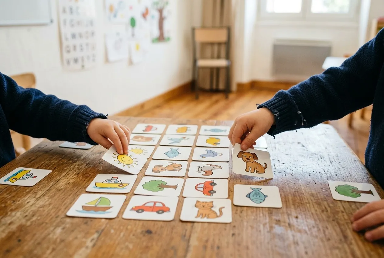 Deux enfants retournent les cartes d’un jeu de mémoire illustré