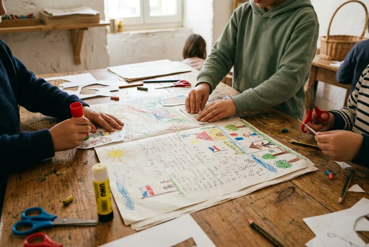 Des mains d’enfants mettent en page un journal dessiné à la main