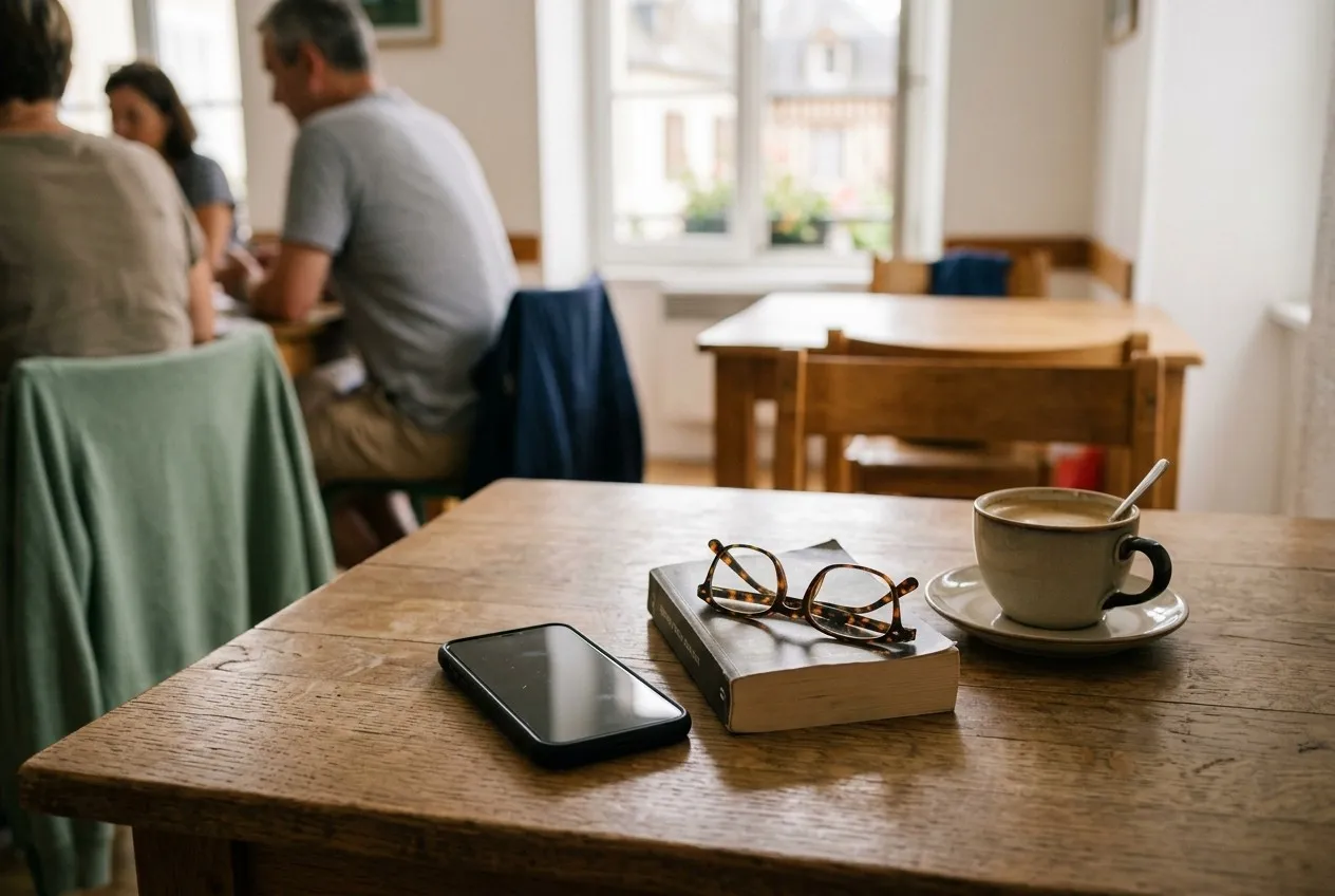 Un téléphone posé à l’envers à côté d’un café et d’un roman en anglais