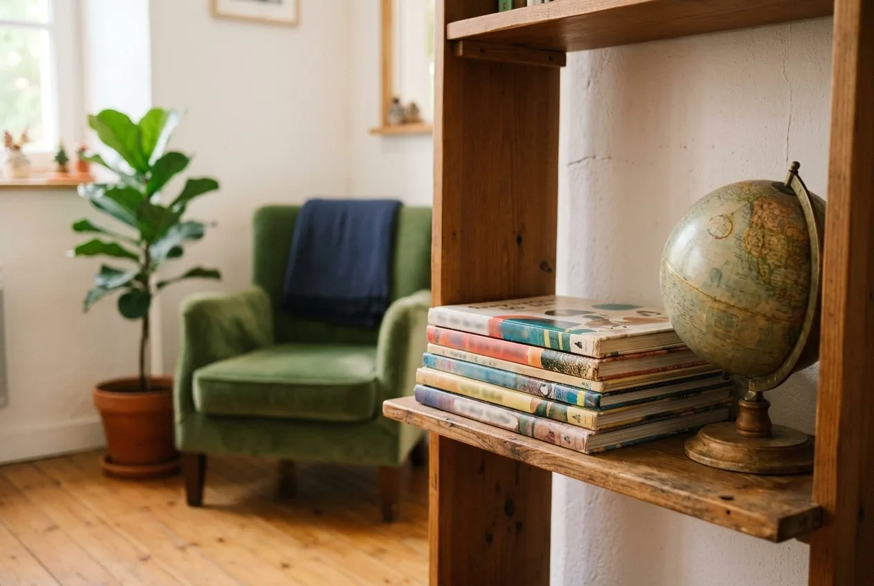 Une pile de livres illustrés à côté d’un petit globe terrestre