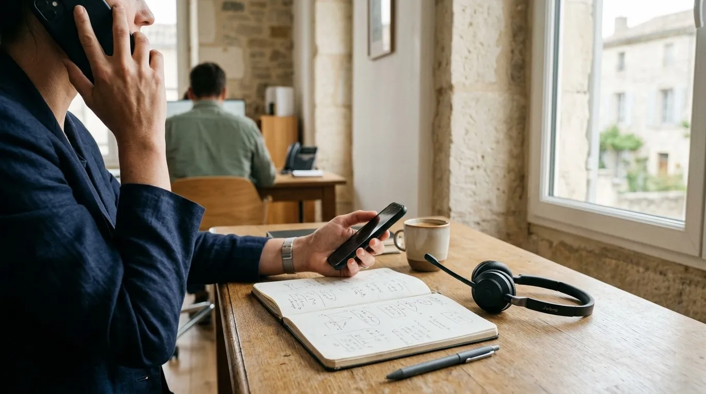 Les mains d’un commercial tiennent un téléphone pendant un appel, un casque et un carnet sur le bureau