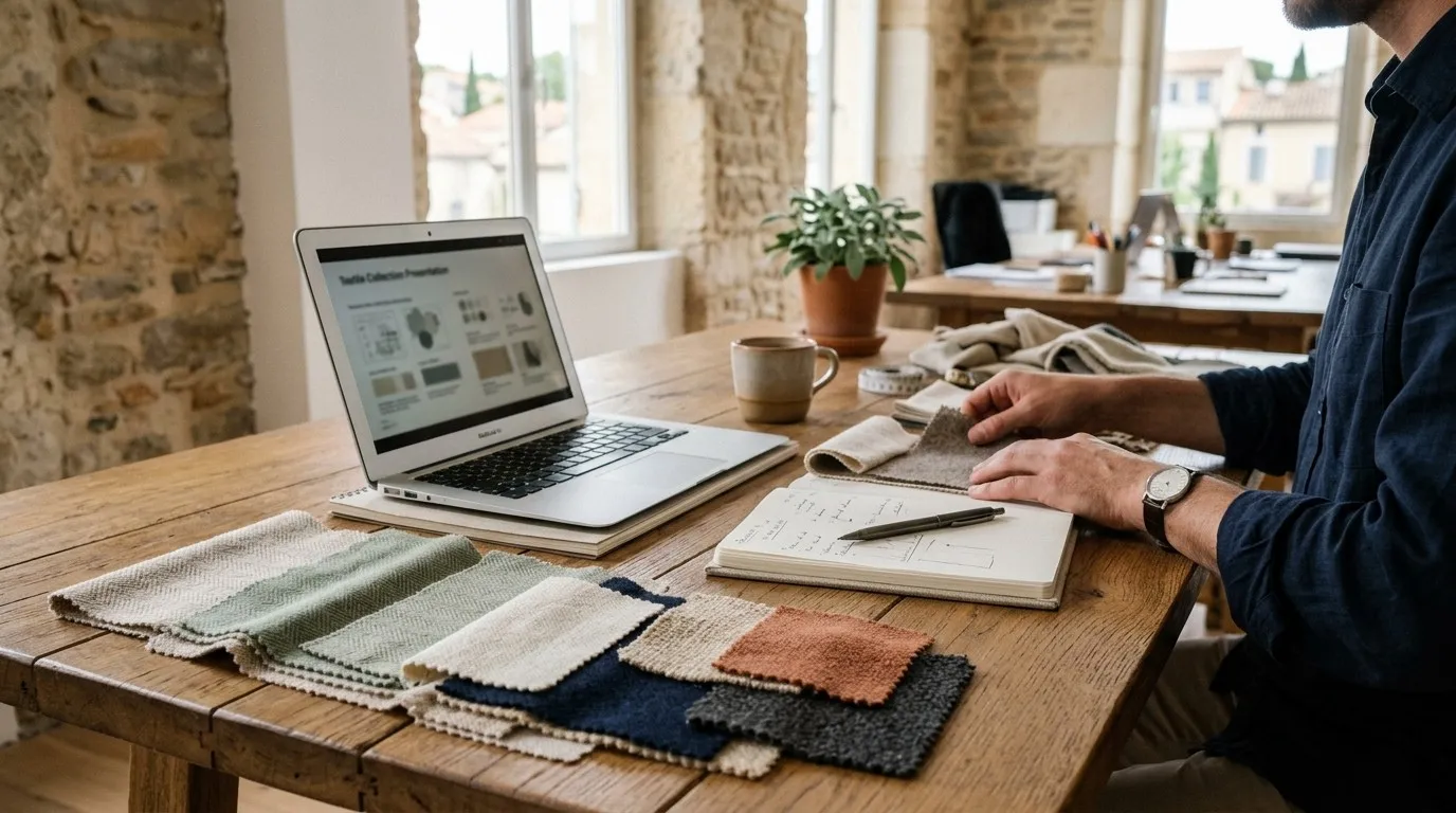 Des échantillons de laine et de tissu posés à côté d’un ordinateur portable et d’un bloc-notes