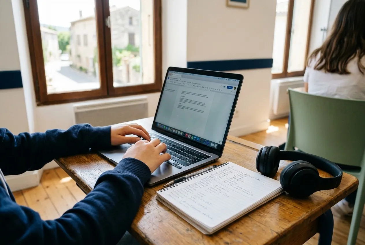 Les mains d’un adolescent sur un ordinateur portable, à côté d’un cahier de vocabulaire et d’un casque