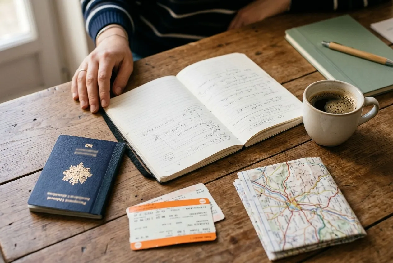 Un carnet ouvert, un passeport, des billets de train et une carte à côté d’un café