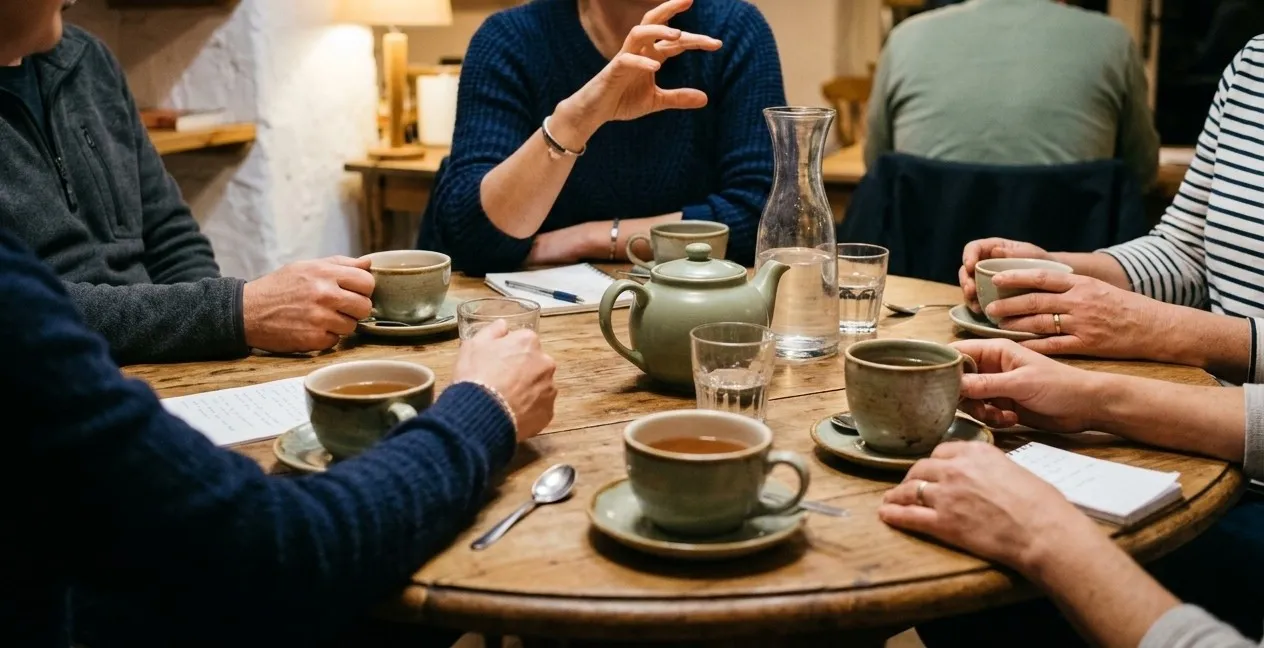 Des mains autour d’une table ronde, des tasses de thé et une théière, un soir de conversation