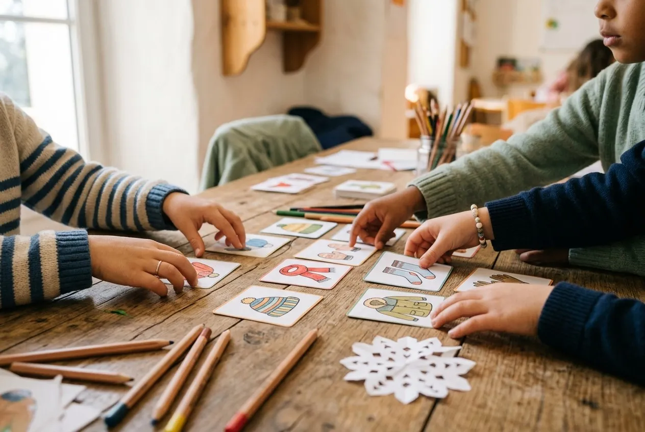 Des mains d’enfants trient des cartes illustrées de vêtements d’hiver