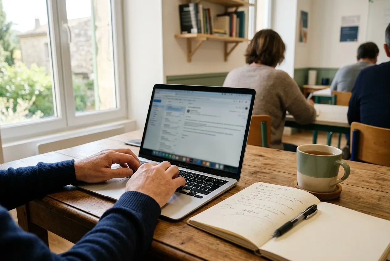 Les mains d’un adulte qui tape un e-mail sur un ordinateur portable